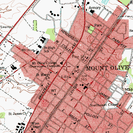Topographic Map of Town of Mount Olive, NC
