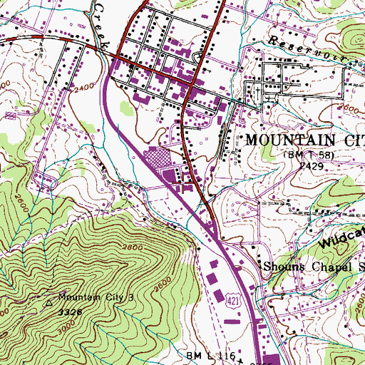 Topographic Map of Town of Mountain City, TN