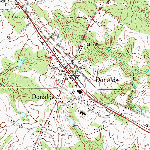 Topographic Map of Town of Donalds, SC