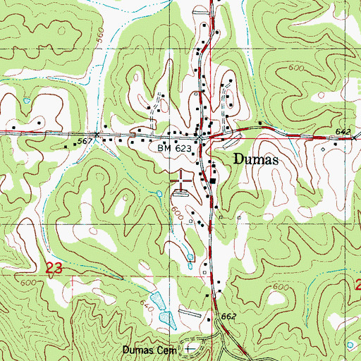 Topographic Map of Town of Dumas, MS