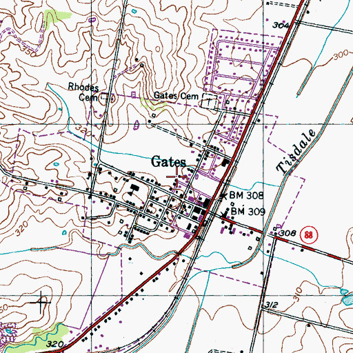 Topographic Map of Town of Gates, TN
