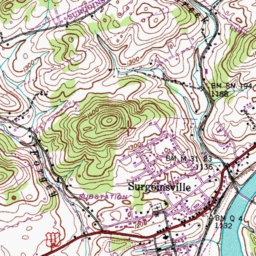 Topographic Map of Town of Surgoinsville, TN