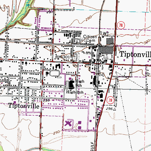 Topographic Map of Town of Tiptonville, TN