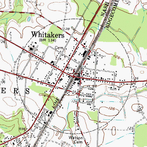 Topographic Map of Town of Whitakers, NC