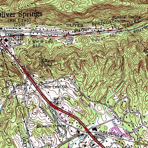 Topographic Map of Town of Oliver Springs, TN
