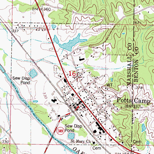 Topographic Map of Town of Potts Camp, MS