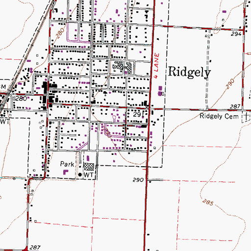 Topographic Map of Town of Ridgely, TN
