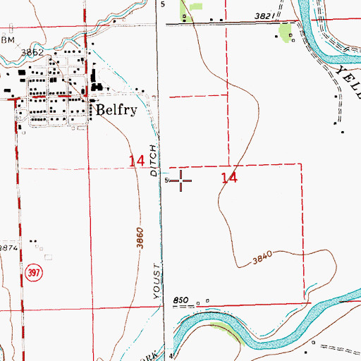 Topographic Map of Belfry Census Designated Place, MT