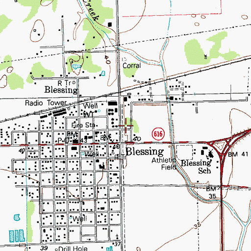 Topographic Map of Blessing Census Designated Place, TX