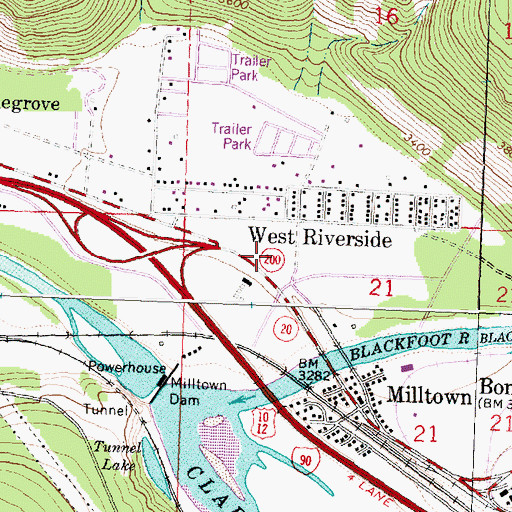 Topographic Map of Bonner-West Riverside Census Designated Place, MT