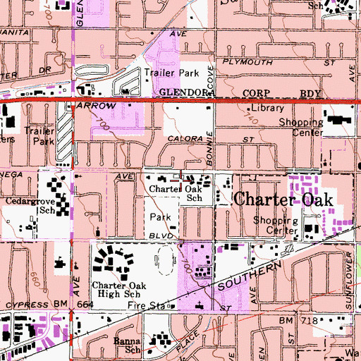 Topographic Map of Charter Oak Census Designated Place, CA