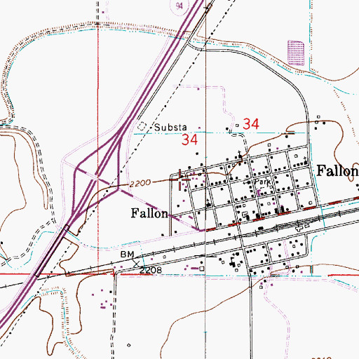 Topographic Map of Fallon Census Designated Place, MT