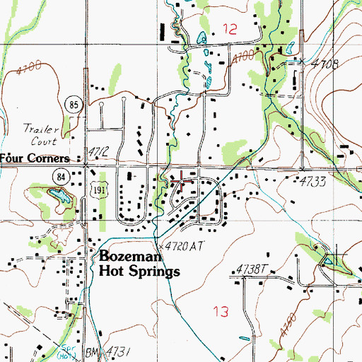 Topographic Map of Four Corners Census Designated Place, MT