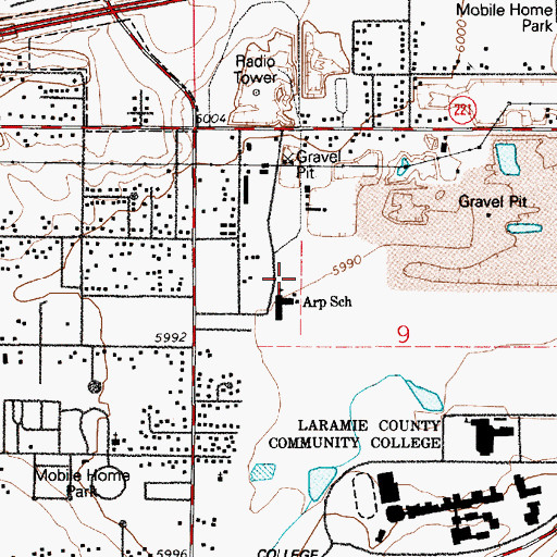 Topographic Map of Fox Farm-College Census Designated Place, WY