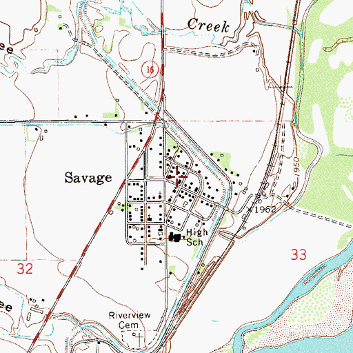 Topographic Map of Savage Census Designated Place, MT