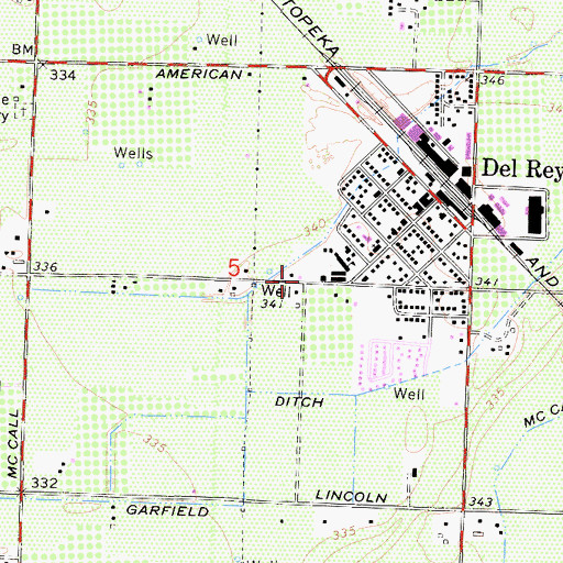 Topographic Map of Del Rey Census Designated Place, CA