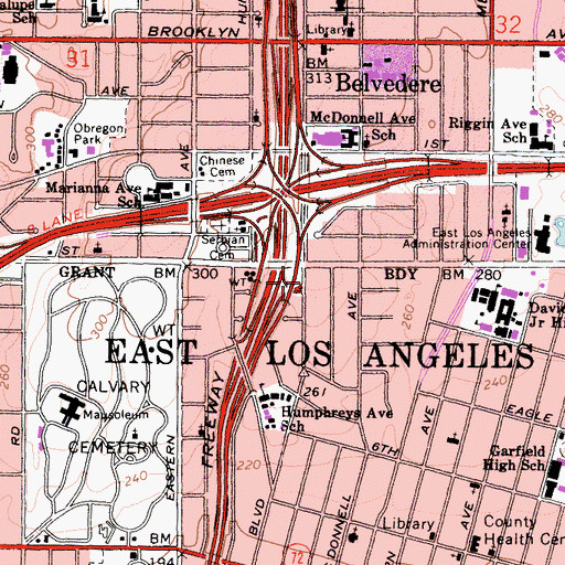 Topographic Map of East Los Angeles Census Designated Place, CA