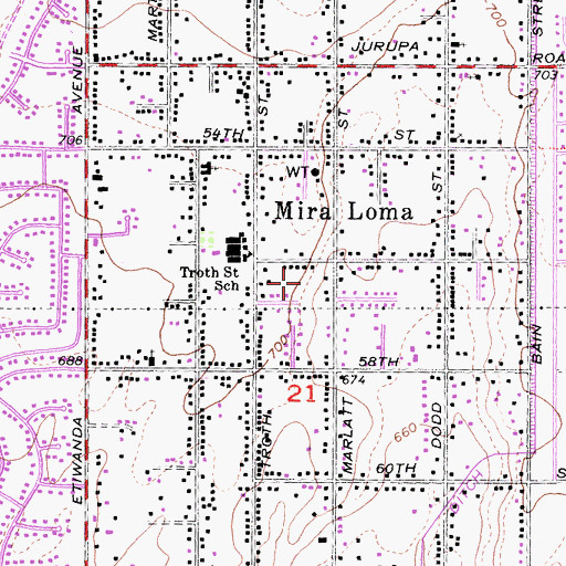 Topographic Map of Mira Loma Census Designated Place, CA