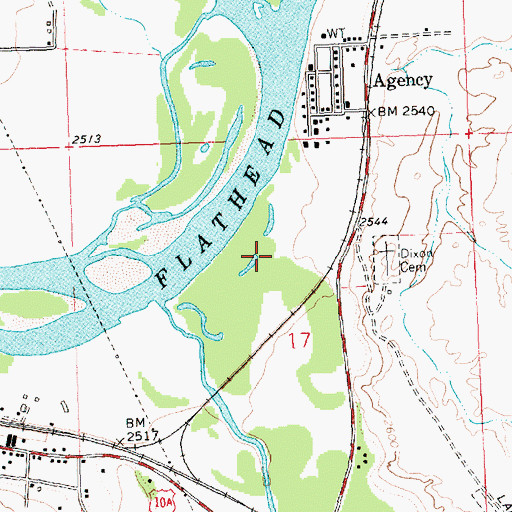 Topographic Map of Old Agency Census Designated Place, MT