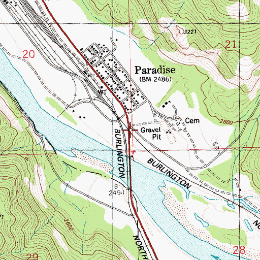 Topographic Map of Paradise Census Designated Place, MT