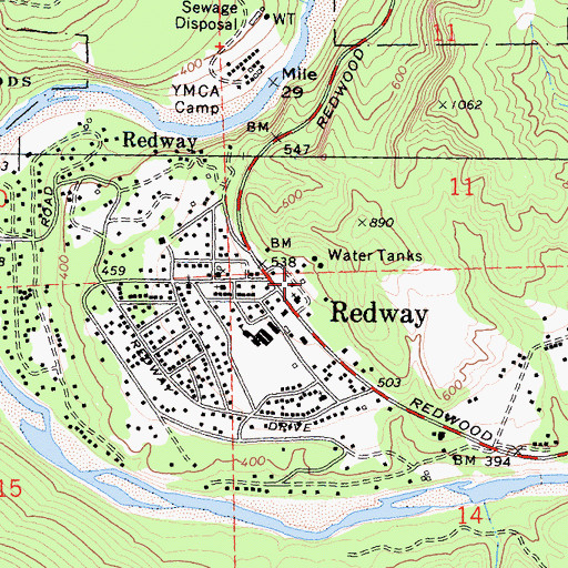 Topographic Map of Redway Census Designated Place, CA
