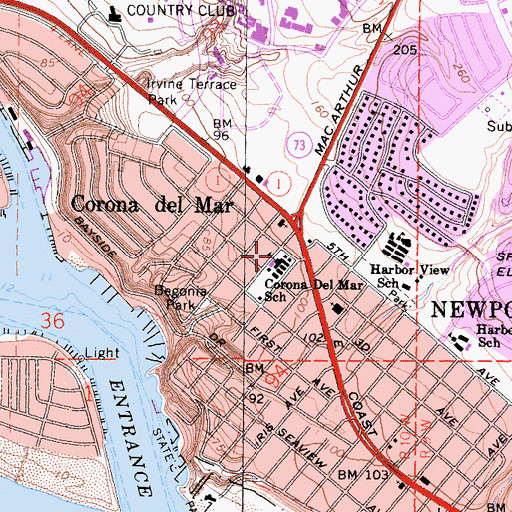 Topographic Map of Corona Del Mar School, CA