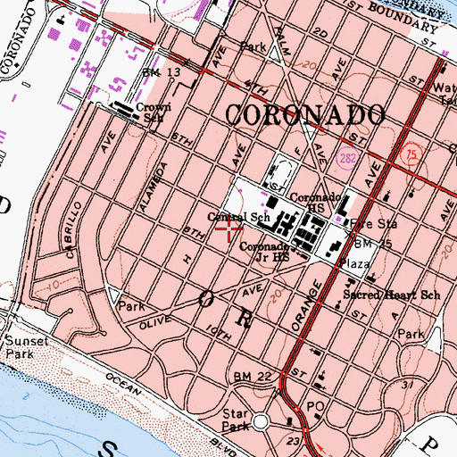 Topographic Map of Coronado High School, CA