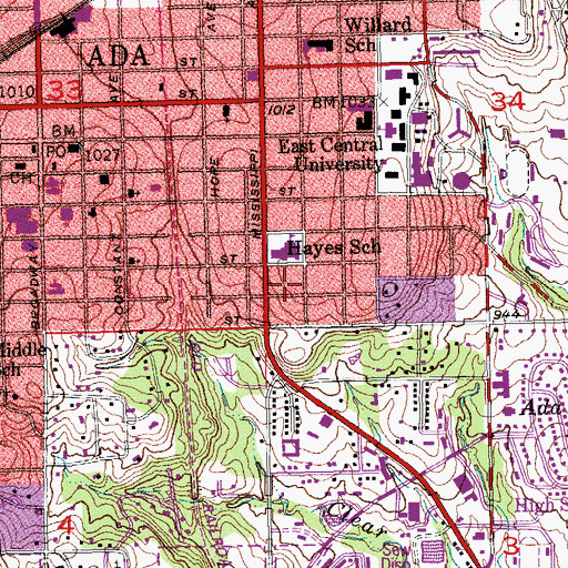 Topographic Map of City of Ada, OK