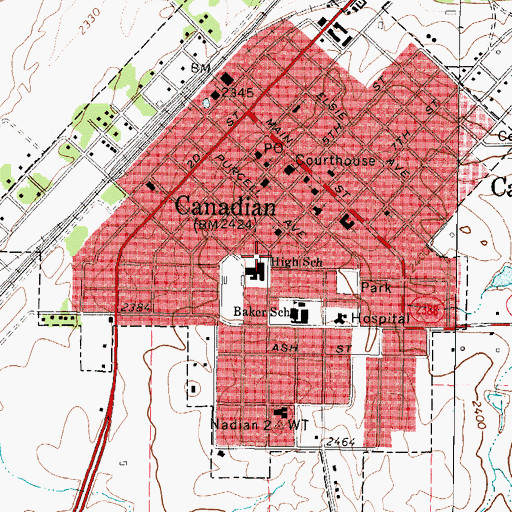 Topographic Map of City of Canadian, TX