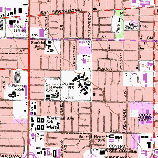 Topographic Map of Covina High School, CA