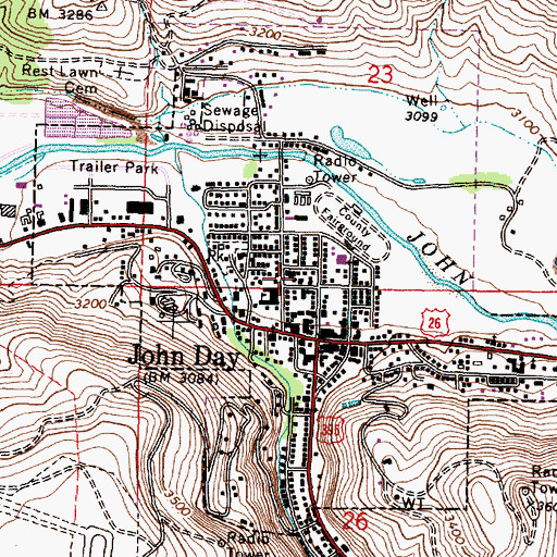 Topographic Map of City of John Day, OR