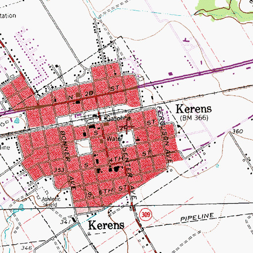 Topographic Map of City of Kerens, TX