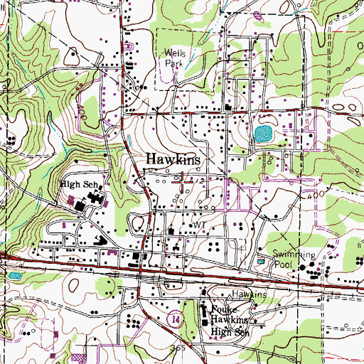 Topographic Map of City of Hawkins, TX
