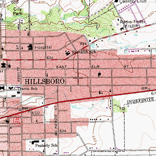 Topographic Map of City of Hillsboro, TX