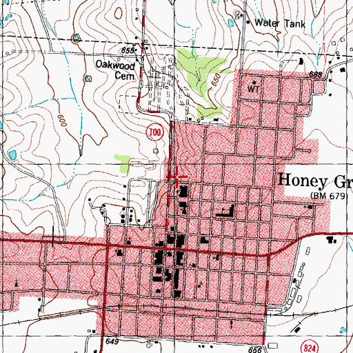 Topographic Map of City of Honey Grove, TX