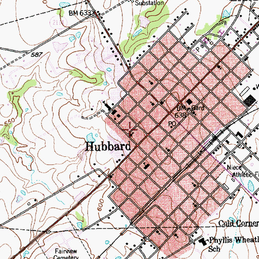 Topographic Map of City of Hubbard, TX