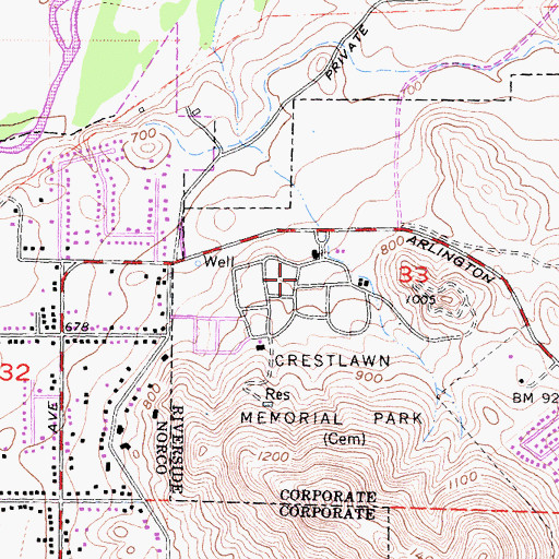 Topographic Map of Pierce Brothers-Crestlawn Mortuary and Memorial Park, CA