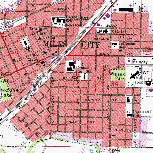 Topographic Map of City of Miles City, MT