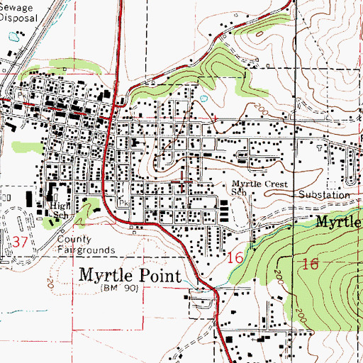 Topographic Map of City of Myrtle Point, OR