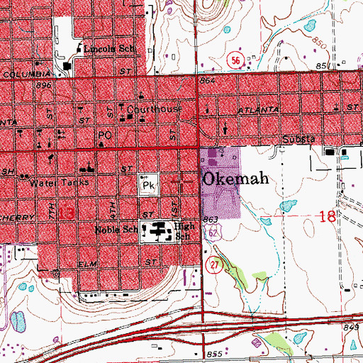 Topographic Map of City of Okemah, OK