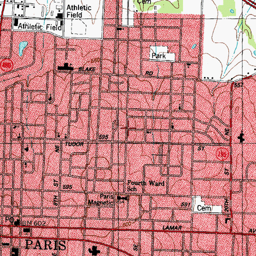 Topographic Map of City of Paris, TX