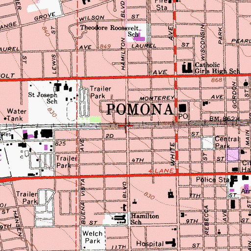 Topographic Map of City of Pomona, CA