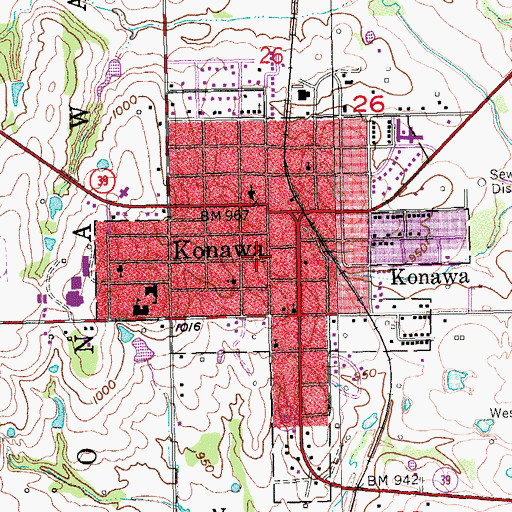 Topographic Map of City of Konawa, OK