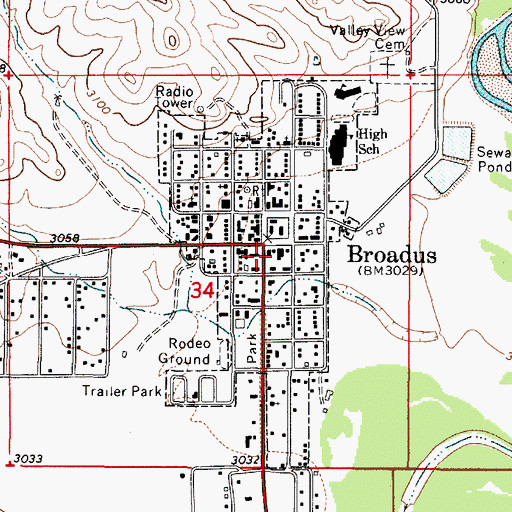 Topographic Map of Town of Broadus, MT