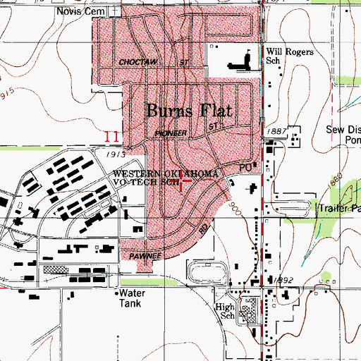 Topographic Map of Town of Burns Flat, OK