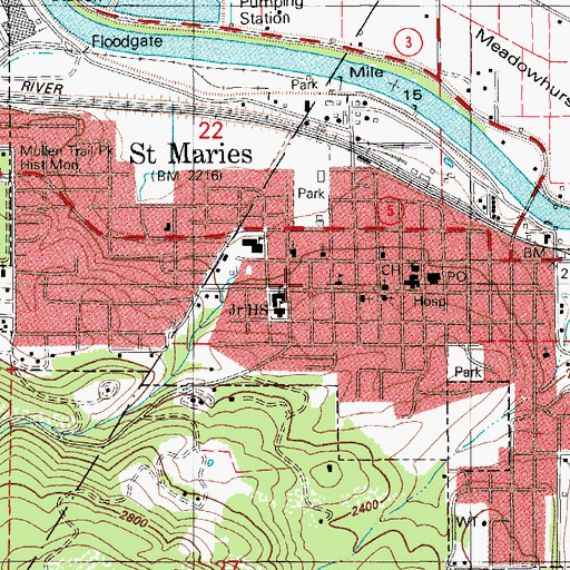 Topographic Map of City of Saint Maries, ID