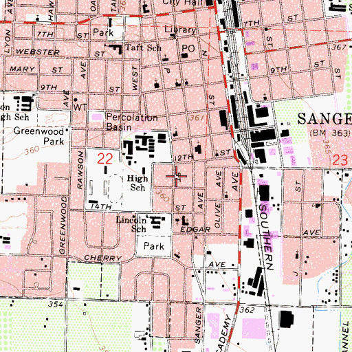 Topographic Map of City of Sanger, CA