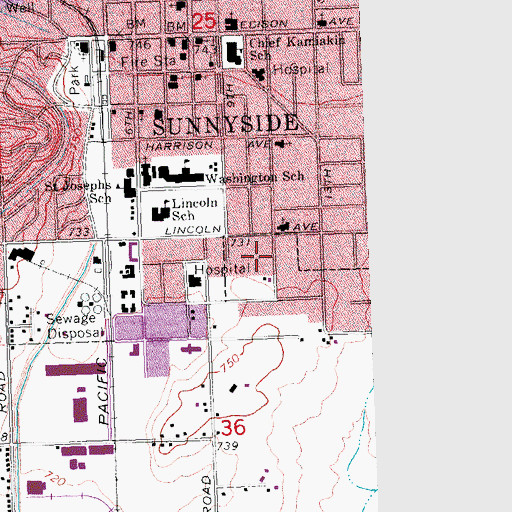 Topographic Map of City of Sunnyside, WA