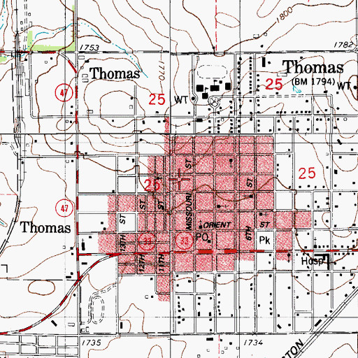 Topographic Map of City of Thomas, OK