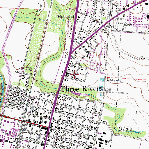 Topographic Map of City of Three Rivers, TX